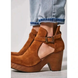 New Free People Cedar Clog Shoes Heeled Suede Leather Wood Brown Taupe 8.5